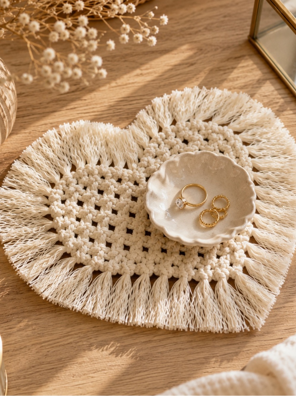Handmade Macrame Heart Cotton Fringe Boho Accent Mat Coaster One of a Kind Gift